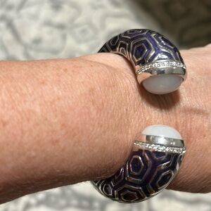 Purple & silver cuff bracelet with CZ stones & mother of pearl